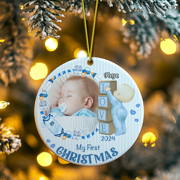 Personalized Baby's First Christmas Ornament with Photo Ceramic Christmas Ornament for Newborn Gift - Myphotomugs