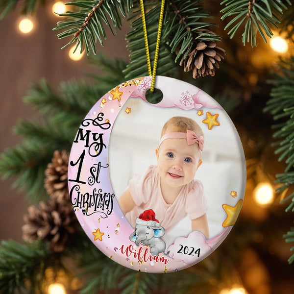 Personalized Baby's First Christmas Ornament Cute Elephant Circle Ornament Christmas Gift for Kid - Myphotomugs