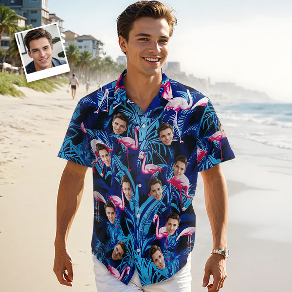 Custom Face Hawaiian Shirt Blue Leaf Flamingo Photo Hawaiian Shirt