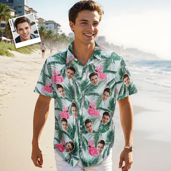 Custom Face Hawaiian Shirt Green Coconut Tree Flamingo Hawaiian Shirt Tropical Style Shirt