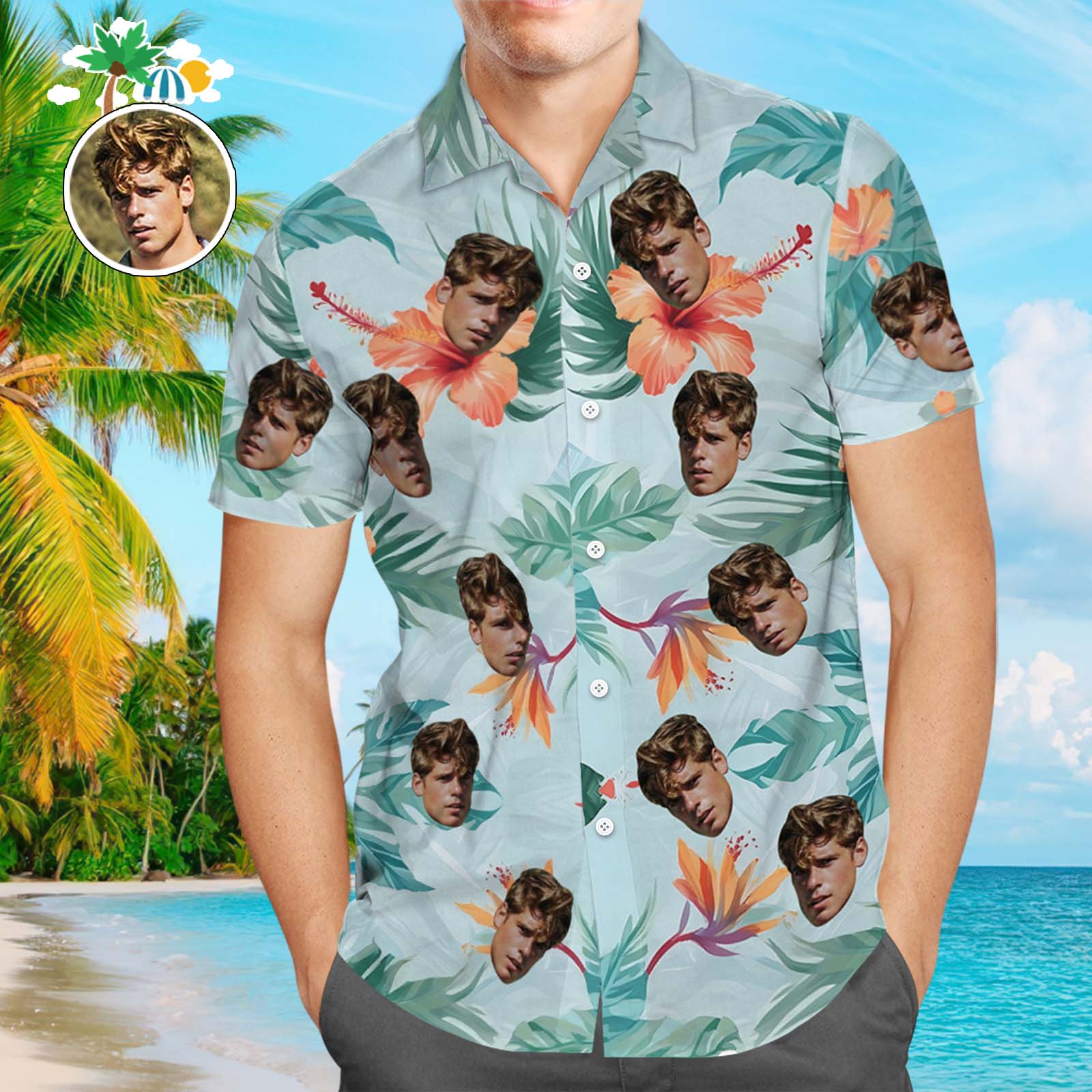 Custom Face Leaves Hawaiian Shirt Flamingo Hawaiian Shirt For Dad Fathers Day Gift - Myphotomugs