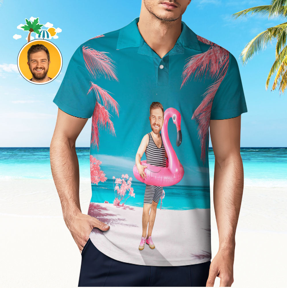 Custom Funny Face Flamingo Polo Shirt Flamingo Swim Ring Polo Shirt For Men - Myphotomugs