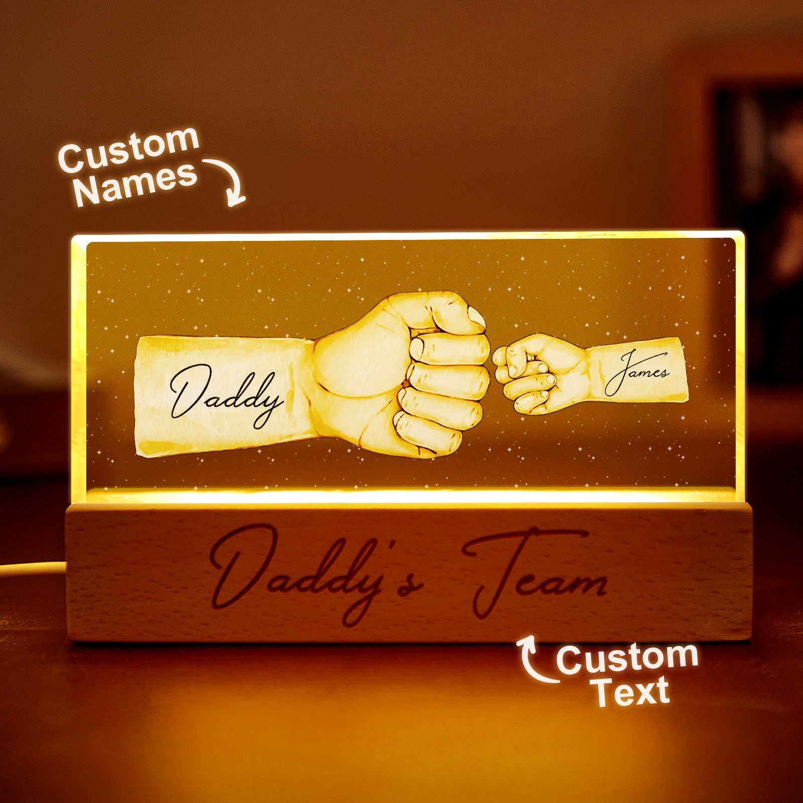 Custom Acrylic LED Night Light Personalized Daddy's Team Fist Bump Father's Day Gift For Dad - Myphotomugs