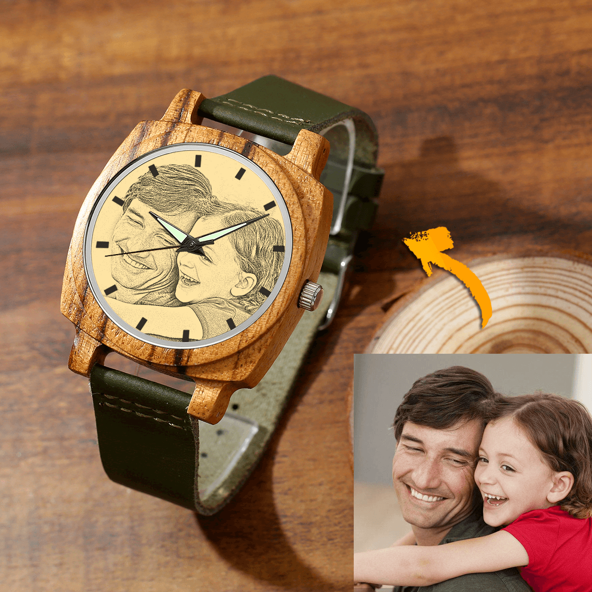 custom-men's Engraved Bamboo Photo Watch Dark Green Leather Strap 45mm - photowatch