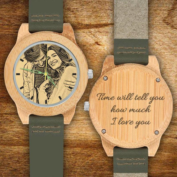 Wocustom-men's Engraved Bamboo Photo Watch Dark Green Leather Strap 40mm