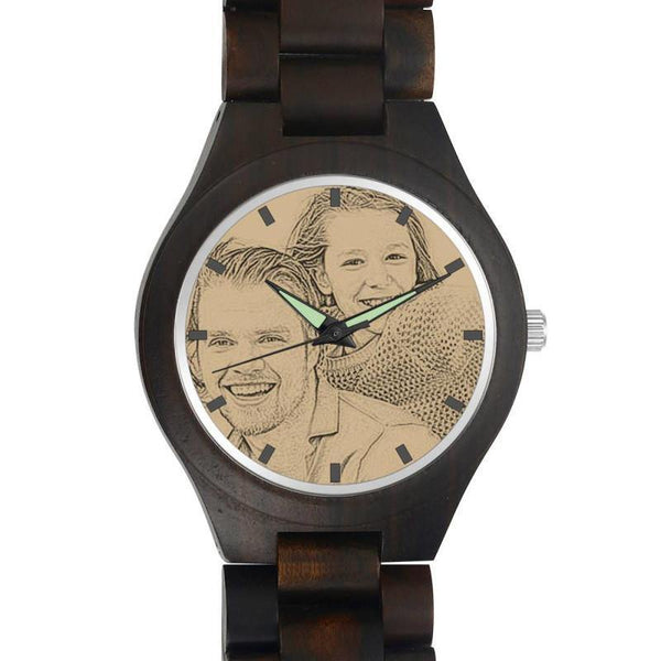 Men's Engraved Wooden Photo Watch All Black Ebony 45mm - photowatch