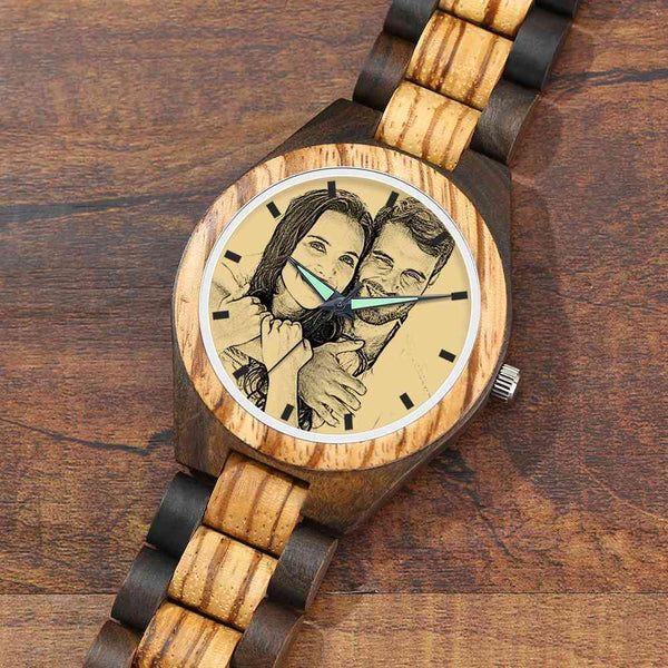 custom-men's Engraved Wooden Photo Watch Wooden Strap 45mm - photowatch