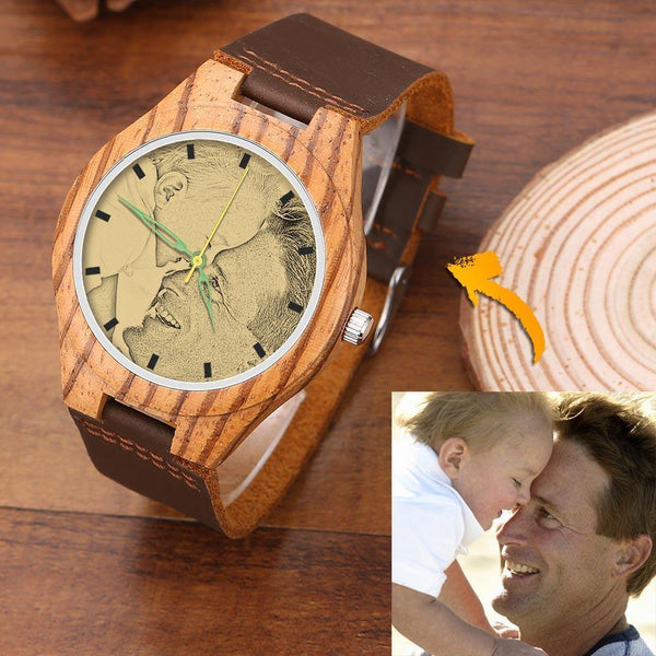 custom-men's Engraved Wooden Photo Watch Brown Leather Strap 45mm - photowatch